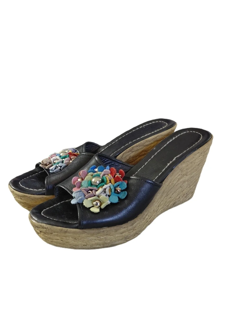 Vintage Black Leather Wedge Slide with Multicolor Flower Accent Size 8-8.5